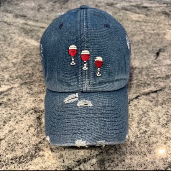 New Custom Designed Blue Distressed Baseball Cap with Red Wine Glasses.